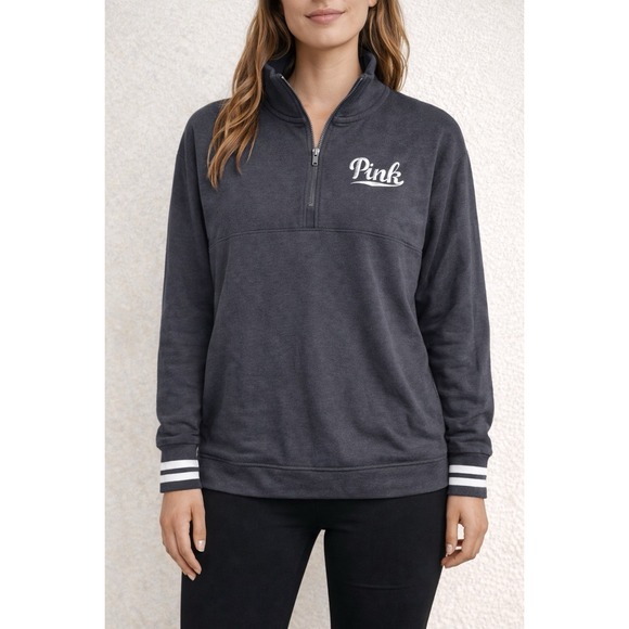 VS Pink Half‎ Zip Funnel Neck Sweatshirt Womens Large Gray Pullover Top Y2K - Picture 2 of 12